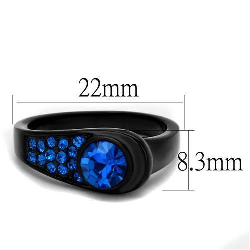 Elegant Women Stainless Steel Ring featuring a Capri Blue synthetic crystal with IP black ion plating.