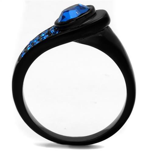 Elegant Women Stainless Steel Ring featuring a Capri Blue synthetic crystal with IP black ion plating.