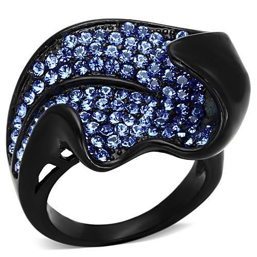 A stylish women's stainless steel ring featuring a synthetic sapphire crystal with an IP black ion plating finish.