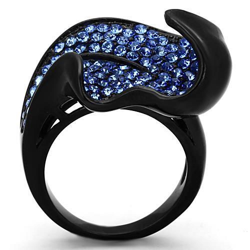 A stylish women's stainless steel ring featuring a synthetic sapphire crystal with an IP black ion plating finish.