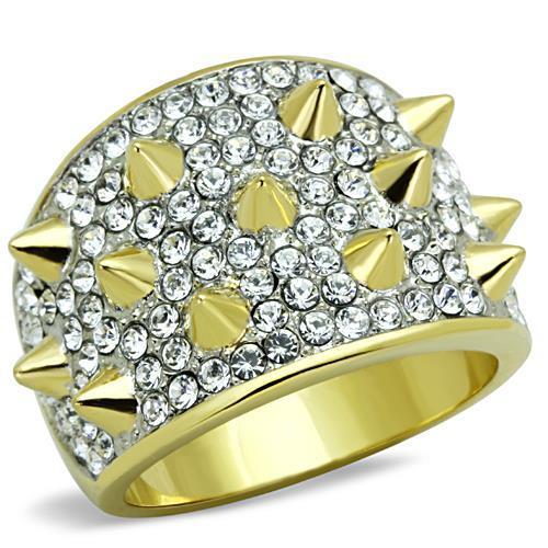 Elegant women’s stainless steel ring with synthetic crystal and two-tone IP gold finish, showcasing a stylish design.