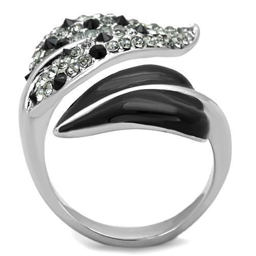 A collection of elegant women stainless steel rings featuring high polished finish and synthetic jet crystals, showcasing their shine and design.