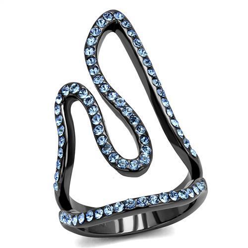 Elegant women stainless steel ring featuring aquamarine synthetic crystal with IP light black finish.