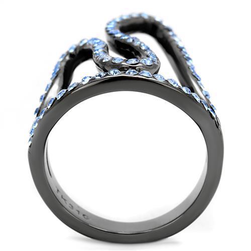 Elegant women stainless steel ring featuring aquamarine synthetic crystal with IP light black finish.