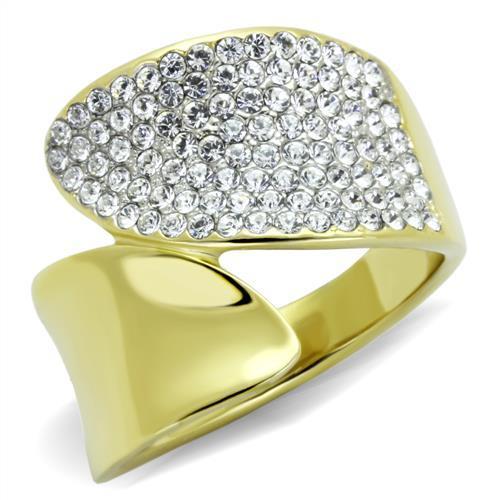 A stylish women's stainless steel ring featuring two-tone IP gold plating and clear synthetic crystals, showcasing elegance and durability.