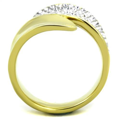 A stylish women's stainless steel ring featuring two-tone IP gold plating and clear synthetic crystals, showcasing elegance and durability.