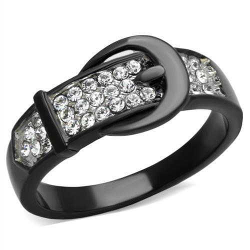 A stylish women's stainless steel ring featuring a two-tone IP black finish and a sparkling synthetic crystal.