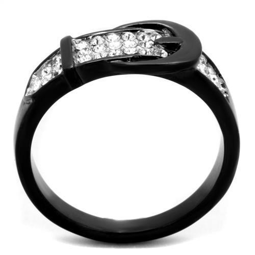 A stylish women's stainless steel ring featuring a two-tone IP black finish and a sparkling synthetic crystal.