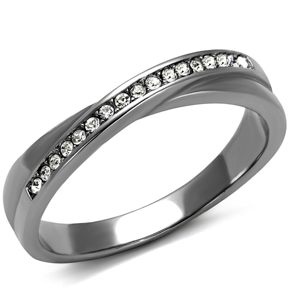 A beautiful women's stainless steel ring featuring a high polished finish and a clear synthetic crystal centerpiece, showcasing elegance and durability.