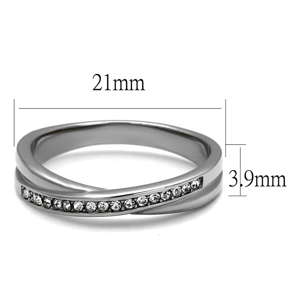 A beautiful women's stainless steel ring featuring a high polished finish and a clear synthetic crystal centerpiece, showcasing elegance and durability.