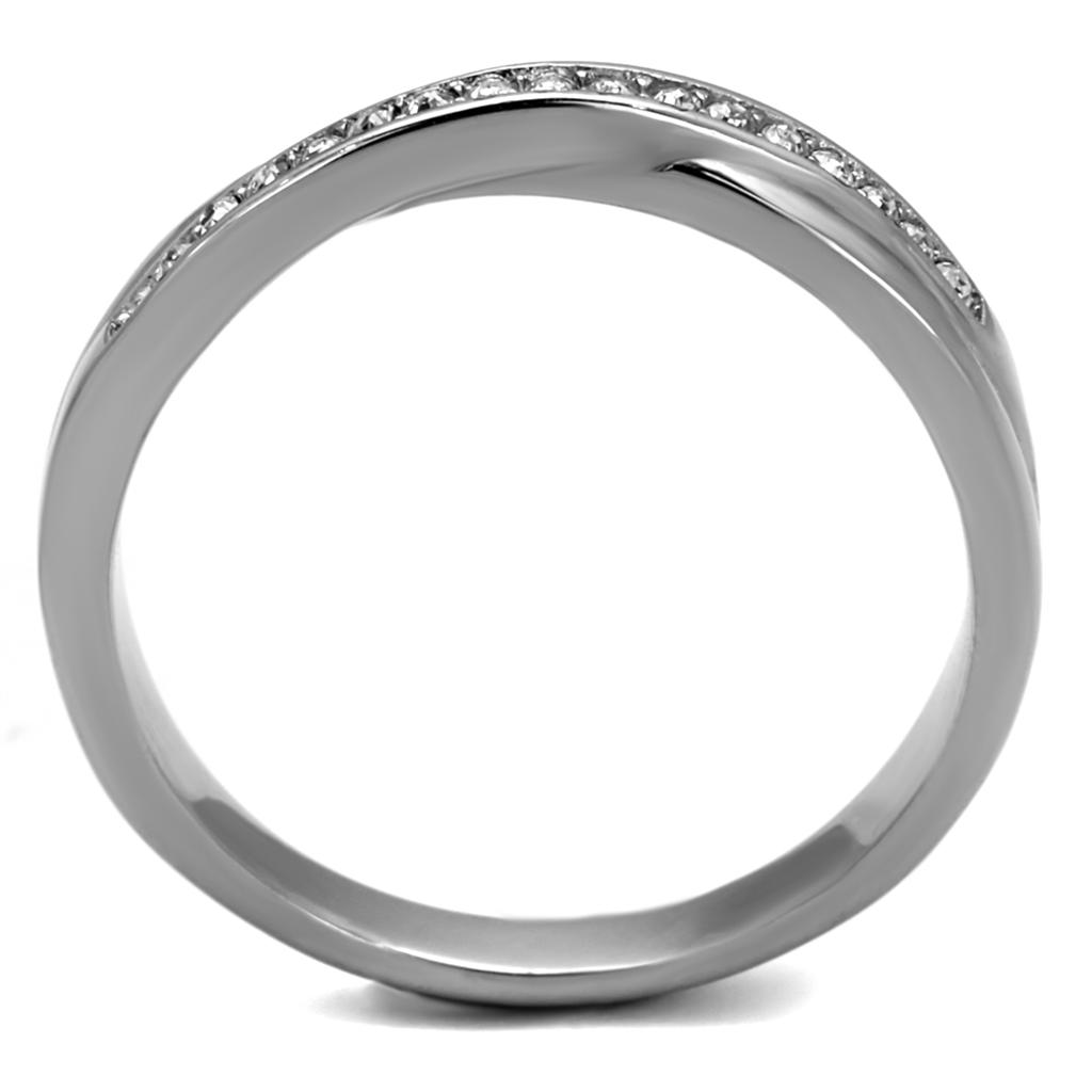 A beautiful women's stainless steel ring featuring a high polished finish and a clear synthetic crystal centerpiece, showcasing elegance and durability.