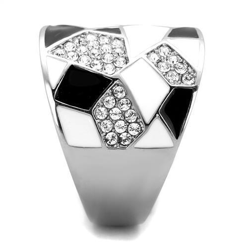 A stylish women's stainless steel ring featuring a clear synthetic crystal centerpiece, showcasing a high polish finish.