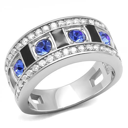 A beautiful women's stainless steel ring featuring a high-polished finish and a stunning synthetic sapphire crystal centerpiece.