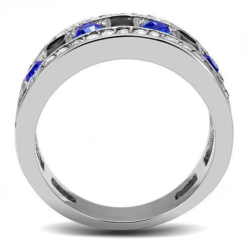 A beautiful women's stainless steel ring featuring a high-polished finish and a stunning synthetic sapphire crystal centerpiece.