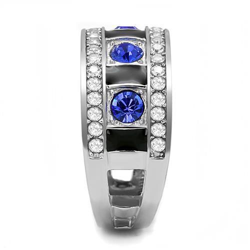 A beautiful women's stainless steel ring featuring a high-polished finish and a stunning synthetic sapphire crystal centerpiece.