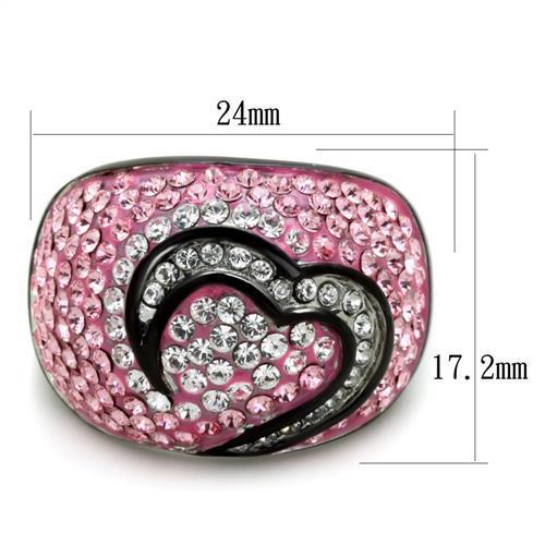 A stylish women's stainless steel ring featuring a light rose synthetic crystal and a two-tone black ion plating finish.