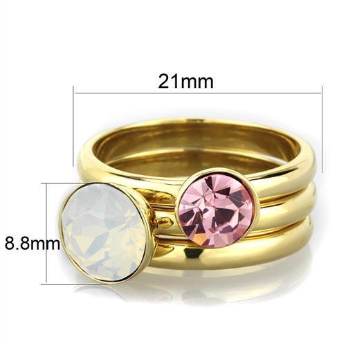 A beautiful women's stainless steel ring with synthetic crystals and IP gold plating, showcasing elegance and style.