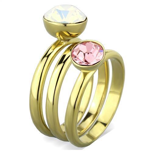 A beautiful women's stainless steel ring with synthetic crystals and IP gold plating, showcasing elegance and style.