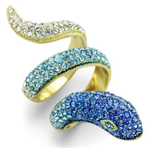 A collection of Women Stainless Steel Synthetic Crystal Rings featuring vibrant colors and a luxurious IP gold finish.