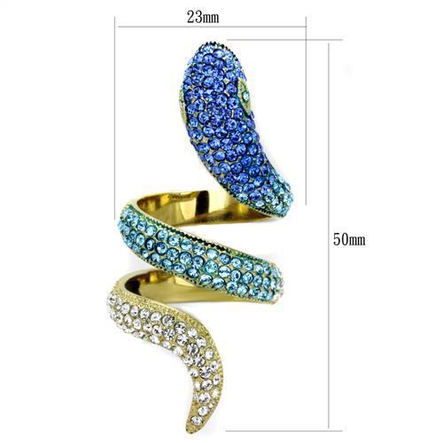 A collection of Women Stainless Steel Synthetic Crystal Rings featuring vibrant colors and a luxurious IP gold finish.