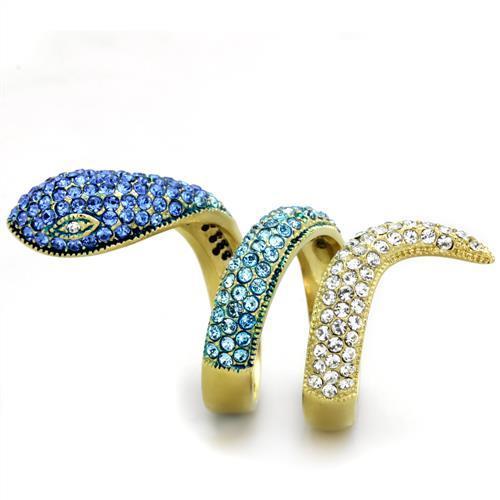 A collection of Women Stainless Steel Synthetic Crystal Rings featuring vibrant colors and a luxurious IP gold finish.