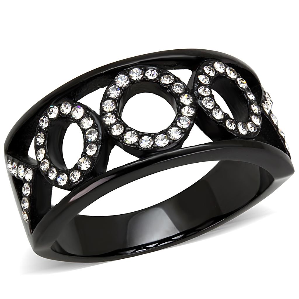 A stylish women's ring made of stainless steel with a black ion plating finish and a clear synthetic crystal centerpiece, showcasing elegance and durability.