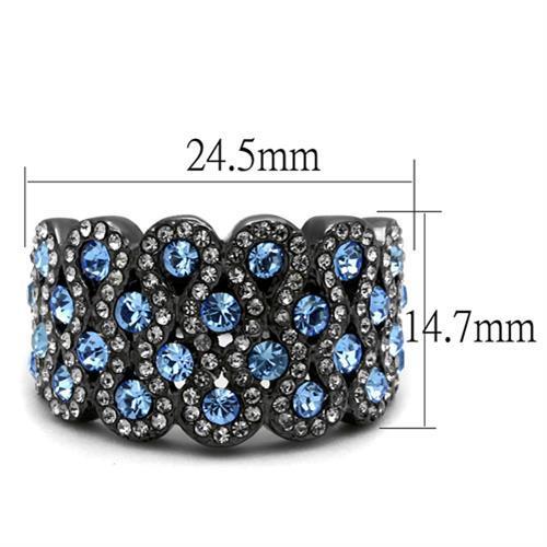 Elegant women stainless steel ring with synthetic crystal in light sapphire color and IP light black finish.