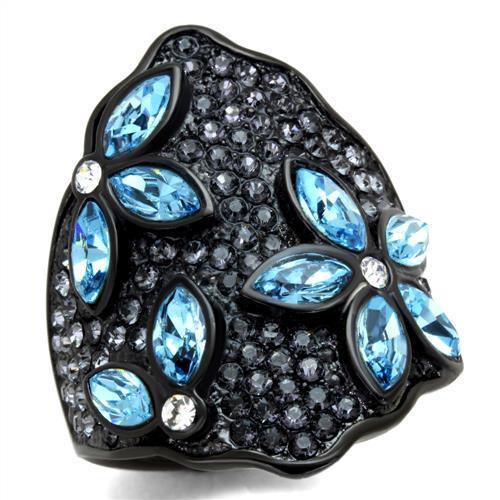 Elegant women’s stainless steel ring with sea blue synthetic crystal and IP black ion plating, showcasing a modern design.