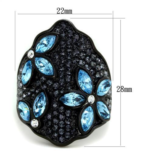 Elegant women’s stainless steel ring with sea blue synthetic crystal and IP black ion plating, showcasing a modern design.