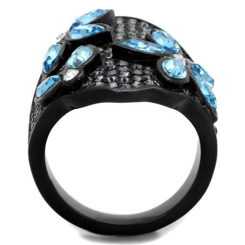 Elegant women’s stainless steel ring with sea blue synthetic crystal and IP black ion plating, showcasing a modern design.