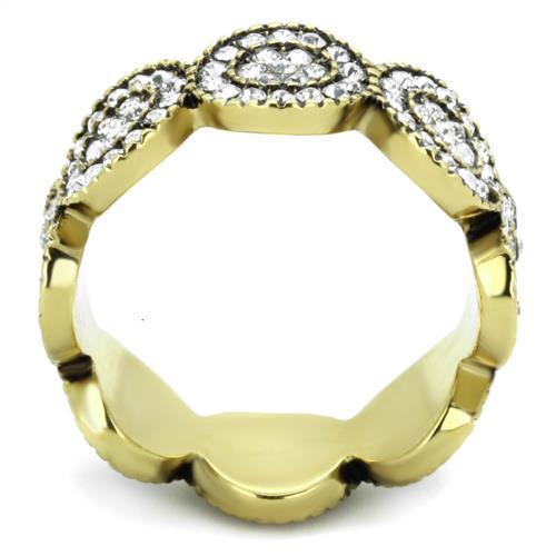 A beautiful women’s stainless steel ring featuring synthetic crystal and IP gold plating, showcasing elegance and durability.