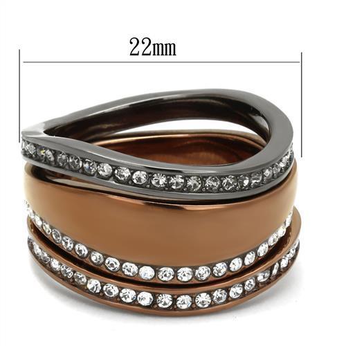 A stylish women's stainless steel ring featuring synthetic crystals and black diamond accents in light black and coffee finishes.