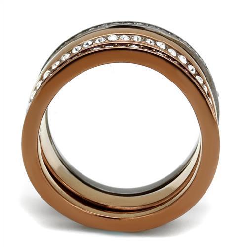 A stylish women's stainless steel ring featuring synthetic crystals and black diamond accents in light black and coffee finishes.