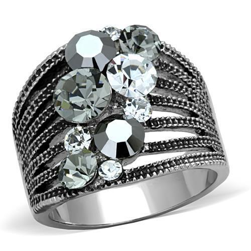 A stylish women's stainless steel ring featuring a high polished finish and a synthetic black diamond crystal accent.