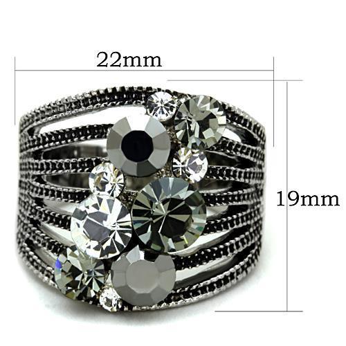 A stylish women's stainless steel ring featuring a high polished finish and a synthetic black diamond crystal accent.