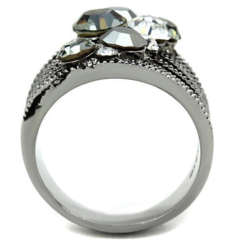 A stylish women's stainless steel ring featuring a high polished finish and a synthetic black diamond crystal accent.