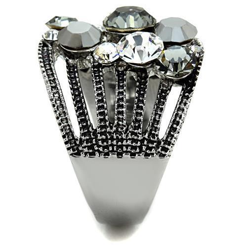 A stylish women's stainless steel ring featuring a high polished finish and a synthetic black diamond crystal accent.