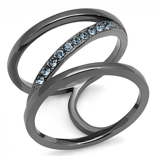 A stylish women's stainless steel ring featuring a synthetic crystal in Capri blue, showcasing an IP light black finish.