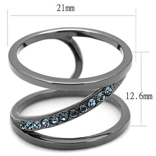 A stylish women's stainless steel ring featuring a synthetic crystal in Capri blue, showcasing an IP light black finish.