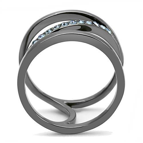 A stylish women's stainless steel ring featuring a synthetic crystal in Capri blue, showcasing an IP light black finish.