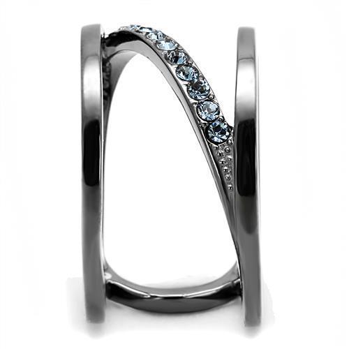 A stylish women's stainless steel ring featuring a synthetic crystal in Capri blue, showcasing an IP light black finish.