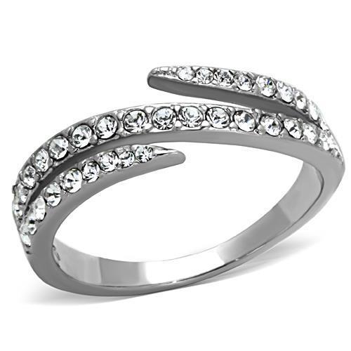 A stylish women's stainless steel ring featuring clear synthetic crystals, showcasing a high-polished finish.