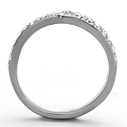 A stylish women's stainless steel ring featuring clear synthetic crystals, showcasing a high-polished finish.