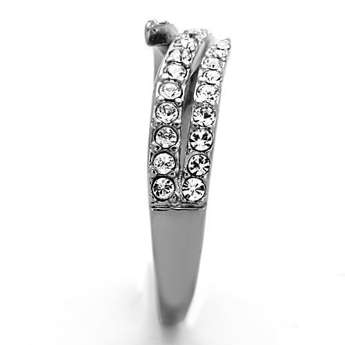 A stylish women's stainless steel ring featuring clear synthetic crystals, showcasing a high-polished finish.