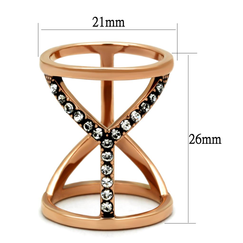 A beautiful Women Stainless Steel Synthetic Crystal Ring with IP Rose Gold finish and clear synthetic crystals, showcasing elegance and durability.