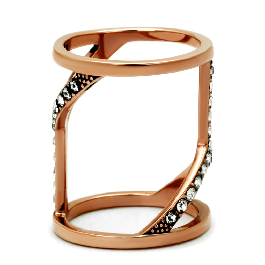 A beautiful Women Stainless Steel Synthetic Crystal Ring with IP Rose Gold finish and clear synthetic crystals, showcasing elegance and durability.