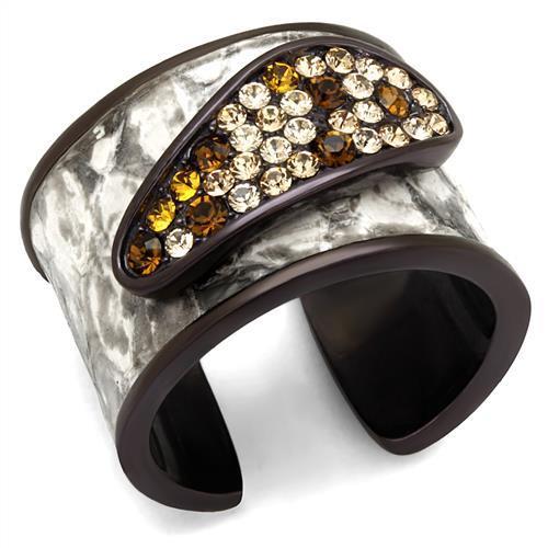 Elegant women stainless steel ring featuring multi-color synthetic crystals with an IP dark brown finish.