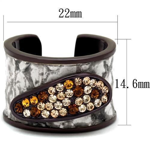 Elegant women stainless steel ring featuring multi-color synthetic crystals with an IP dark brown finish.