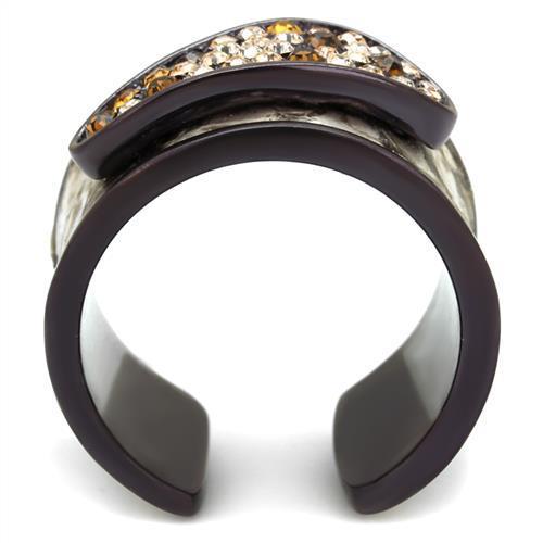 Elegant women stainless steel ring featuring multi-color synthetic crystals with an IP dark brown finish.