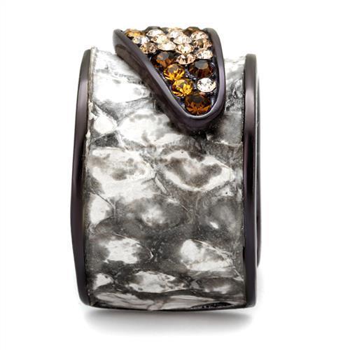 Elegant women stainless steel ring featuring multi-color synthetic crystals with an IP dark brown finish.